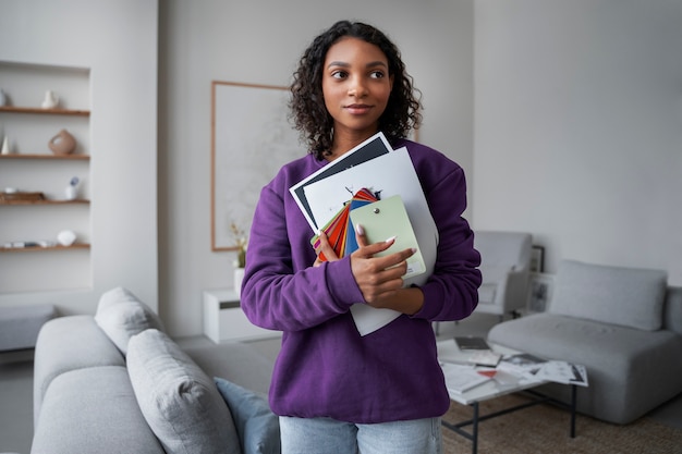 Free photo portrait of female interior designer in home