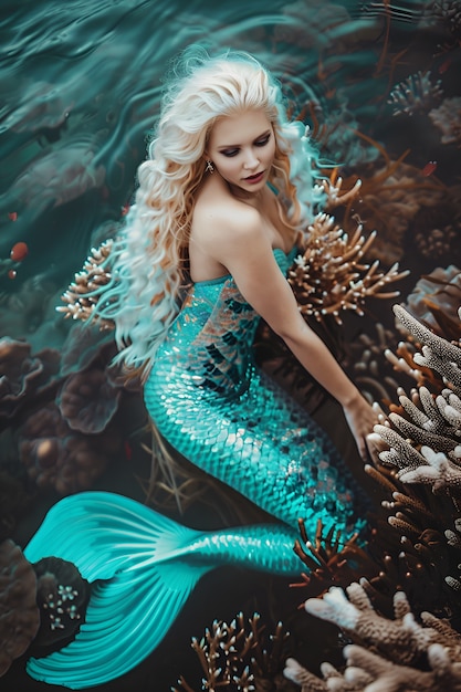 Free photo portrait of female mermaid with fantasy tail and dreamy aesthetic