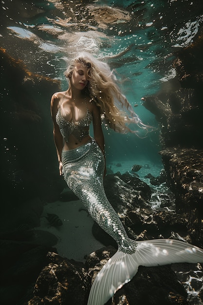 Portrait of female mermaid with fantasy tail and dreamy aesthetic