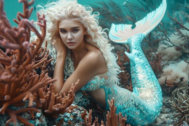 Free photo portrait of female mermaid with fantasy tail and dreamy aesthetic