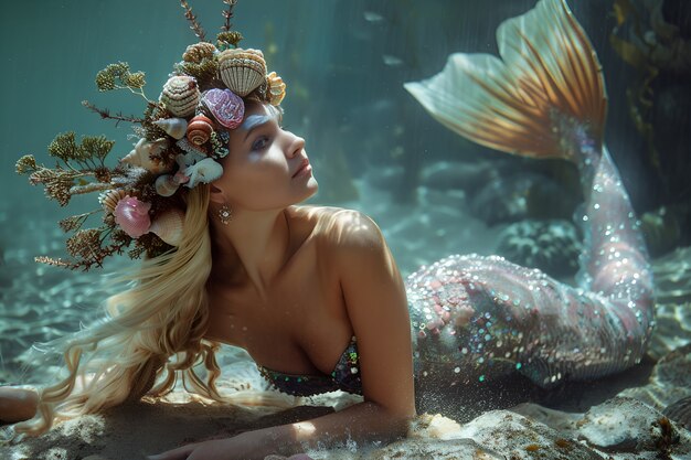 Portrait of female mermaid with fantasy tail and dreamy aesthetic