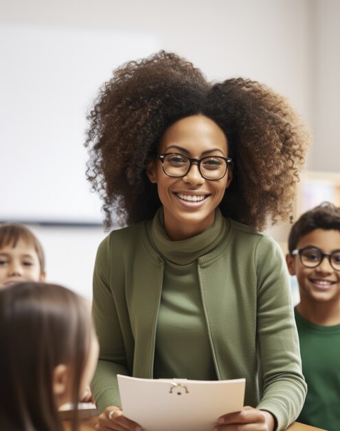 Portrait of female professor teaching in school