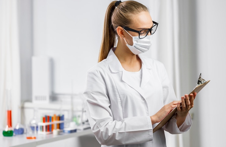 Free Photo portrait of female researcher with medical mask and clipboard