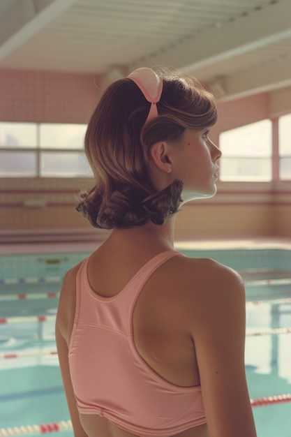 여성 수영 선수의 초상화와 80년대 영감을 받은 미학