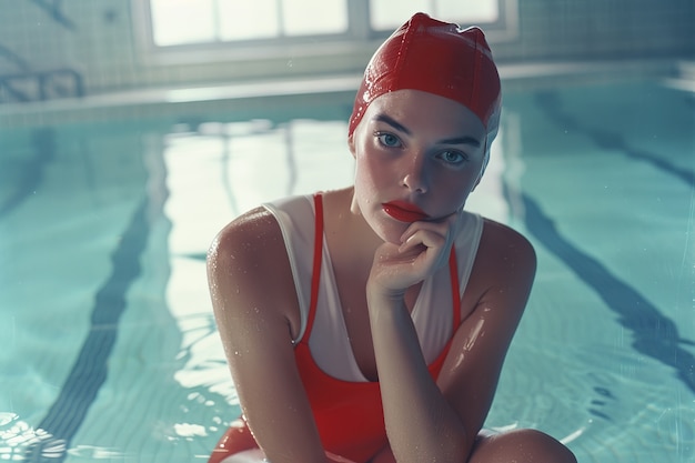 Портрет плавательницы с ретро-эстетикой, вдохновленной 80-ми годами