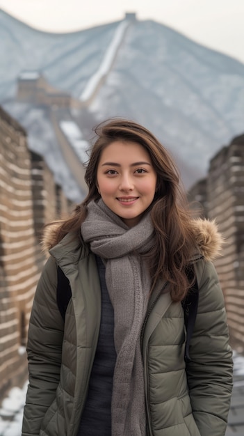 Free photo portrait of female tourist visiting the great wall of china