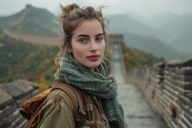 Free photo portrait of female tourist visiting the great wall of china