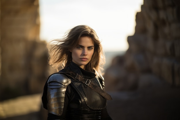 portrait of female warrior with armor during medieval times