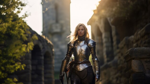 Portrait of female warrior with armor during medieval times