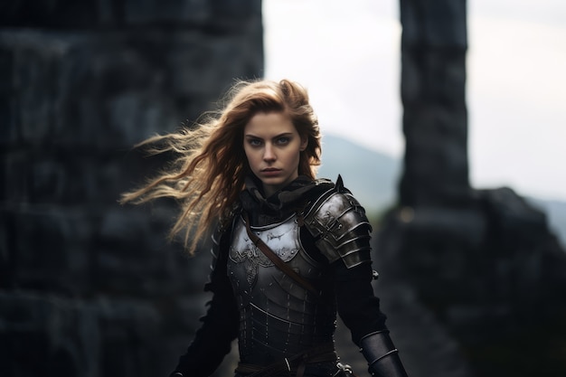 Портрет женщины-воина в доспехах в средневековые времена