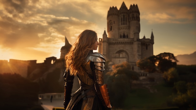 portrait of female warrior with armor during medieval times