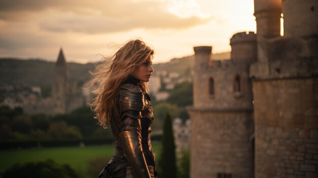 portrait of female warrior with armor during medieval times