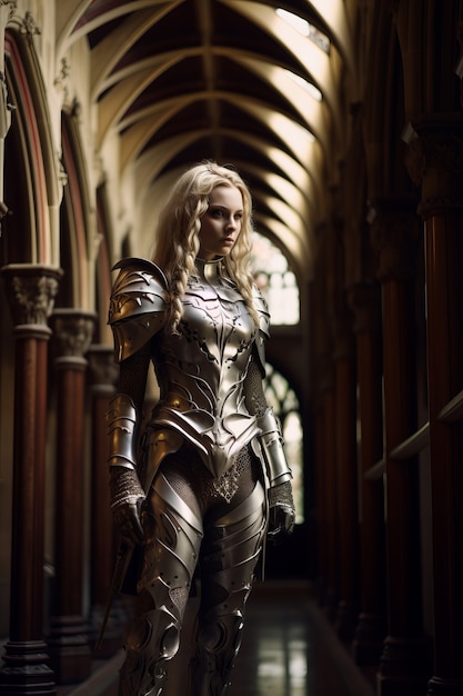 Portrait of female warrior with armor during medieval times