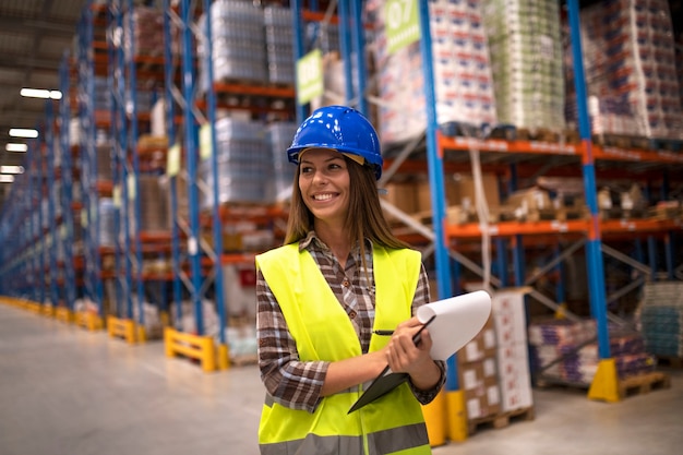 Portrait of female worker in distribution warehouse looking aside
