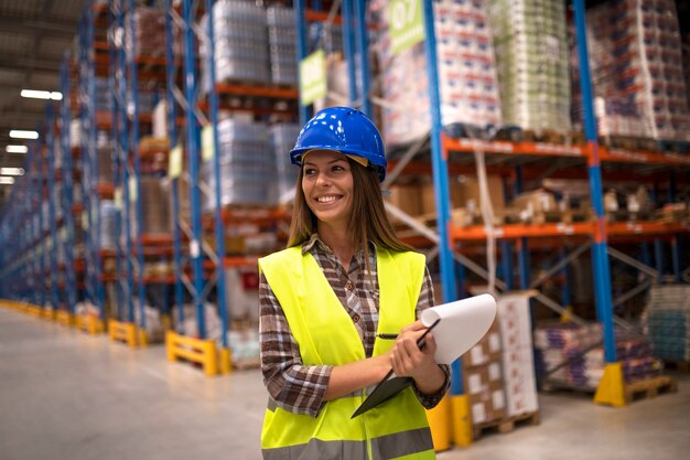 Portrait of female worker in distribution warehouse looking aside