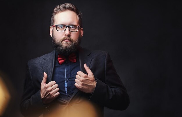 Portrait of festive plump male in eyeglasses and bow tie over dark grey background.