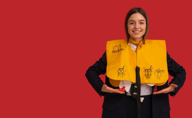 Free photo portrait of flight attendant with inflatable jacket