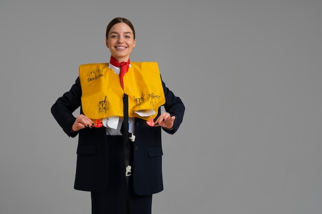 Foto gratuita ritratto di assistente di volo con giacca gonfiabile