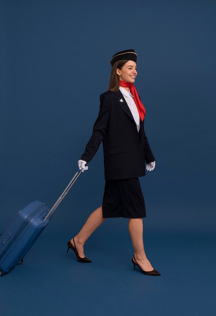 Free photo portrait of flight attendant with luggage