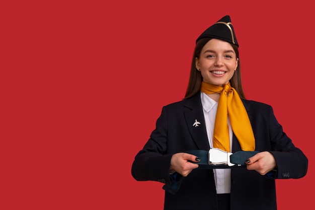 Free photo portrait of flight attendant with safety belt