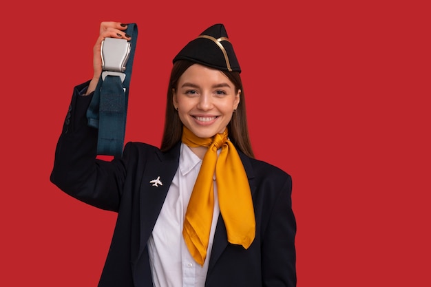 Free photo portrait of flight attendant with safety belt