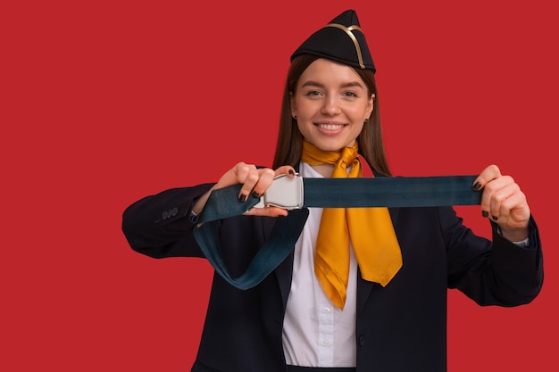 Portrait of flight attendant with safety belt