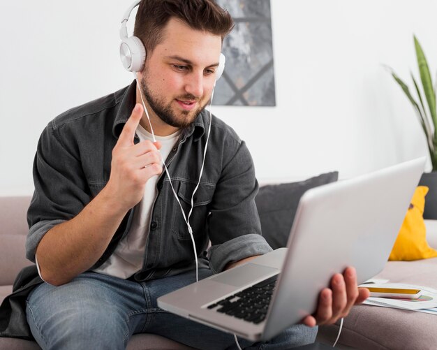 Portrait of freelancer video conferencing