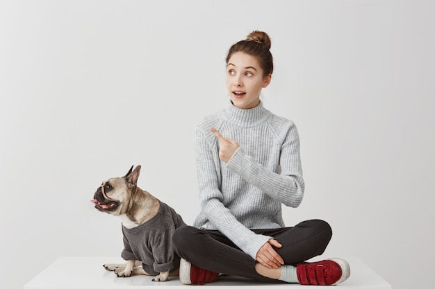 Portrait of french bulldog dressed in sweatshirt looking aside on something while pretty girl gesturing. Female photographer paying attention on curious thing. People, animal concept