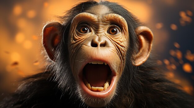 Portrait of funny chimpanzee with open mouth on blurred background closeup