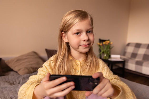 Portrait of funny cute girl smile at camera