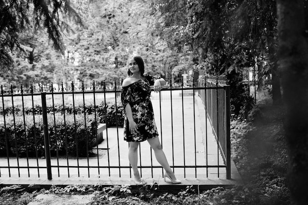 Free photo portrait of a girl in a dress posing by the fence