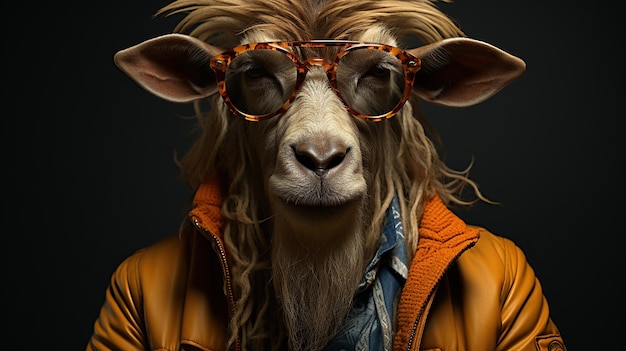 Free photo portrait of a goat wearing orange sunglasses shot in a studio