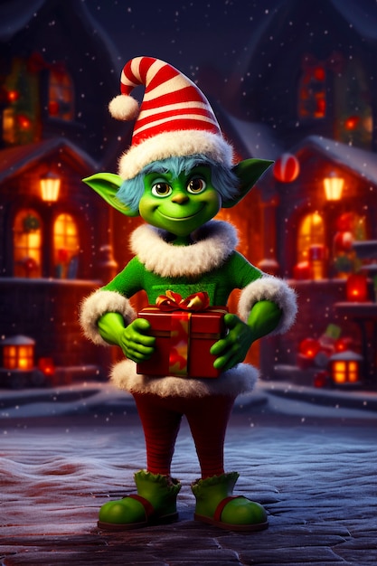 Portrait of the green grinch cartoon character as an elf