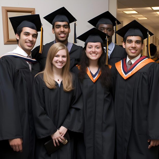 Free photo portrait of group of happy students in graduation gowns looking at camera