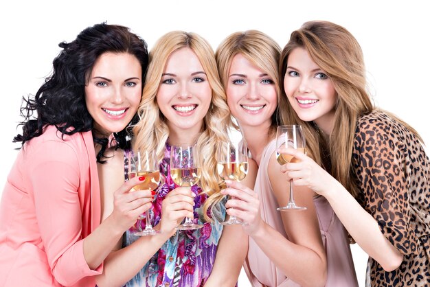 Portrait of group young beautiful women have party and drinking wine - isolated on white