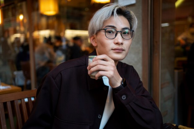 Free photo portrait of handsome asian man at a friends reunion