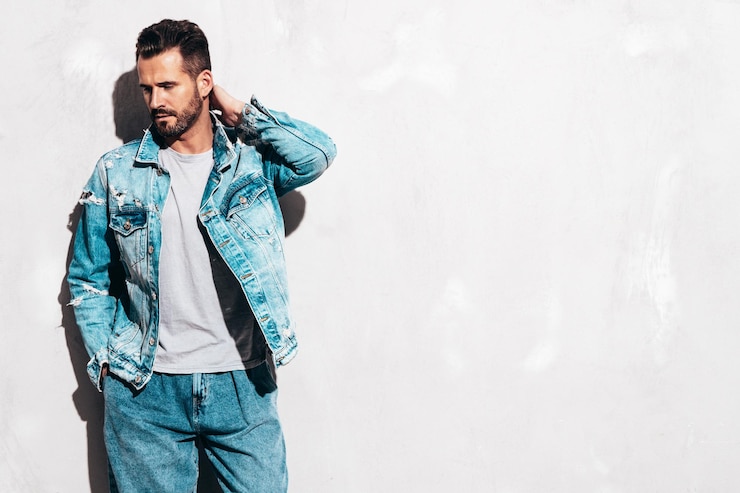 Free Photo portrait of handsome confident stylish hipster lambersexual model sexy man dressed in jeans jacket fashion male isolated on grey wall in studio
