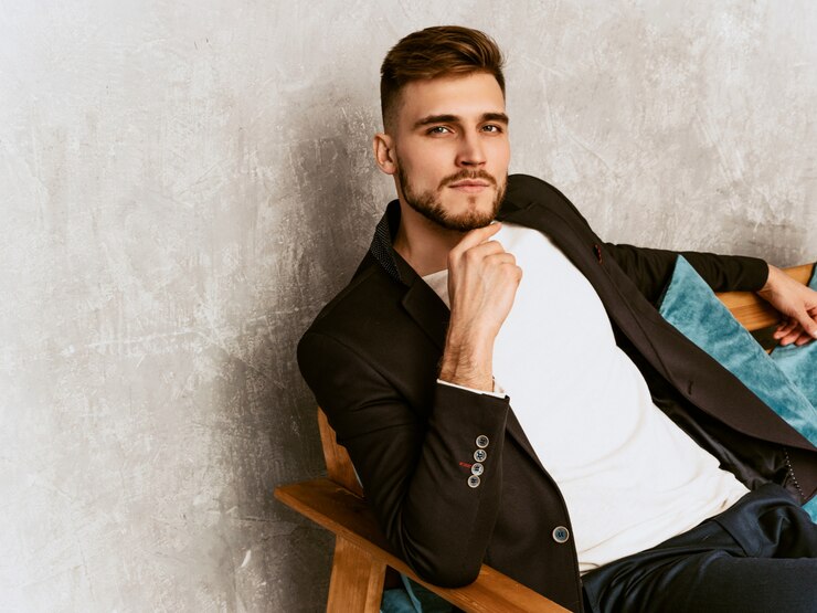 Free Photo portrait of handsome hipster   businessman model wearing casual black suit. 