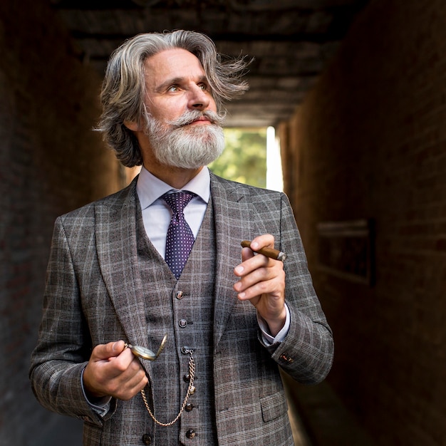 Portrait of handsome male holding cigar