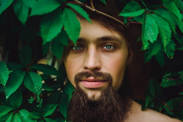 緑の夏の葉にハンサムな男の肖像画。ファッションブルネットの男性、青い目、野生の葉（ブドウ）、自然の背景での肖像画。