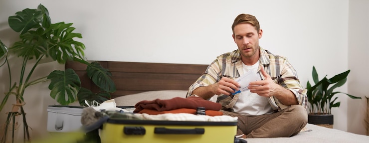 Free Photo portrait of handsome man tourist looking at his holiday tickets booked vacation with travel agency