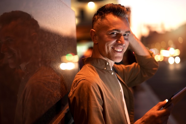 Портрет красивого мужчины с помощью планшета ночью в городских огнях