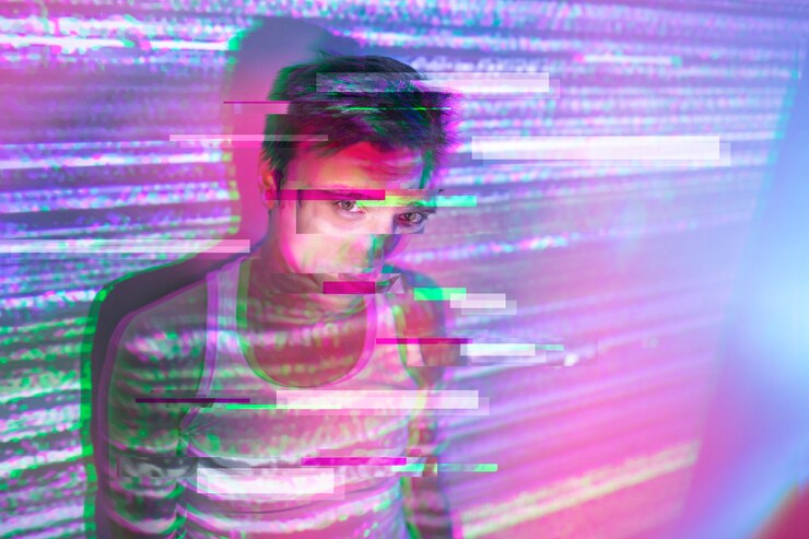 무료 Photo vaporwave 스타일의 잘 생긴 남자의 초상화