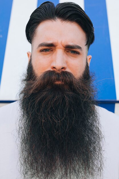 Portrait of a handsome young man with long beard looking at camera