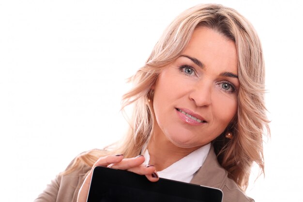 Portrait of happy aged businesswoman