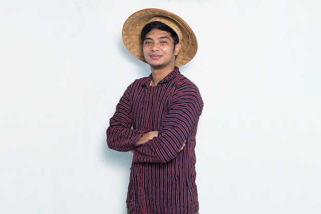 Portrait of happy asian farmer isolated over white background Premium Photo