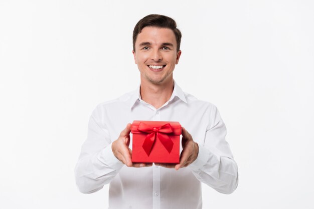 Portrait of a happy cheerful man in white shirt