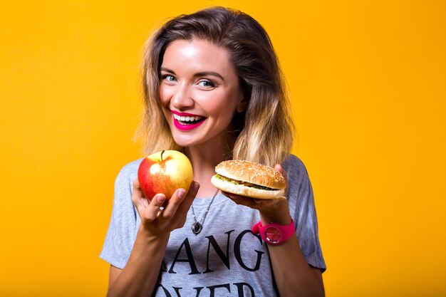 Portrait happy cheerful young woman with pinklipstick