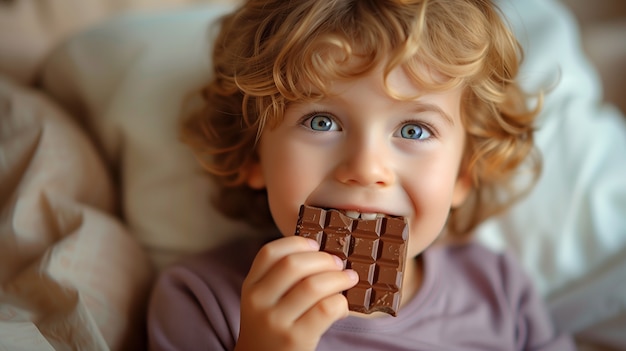 Portrait of happy child eating delicious chocolate