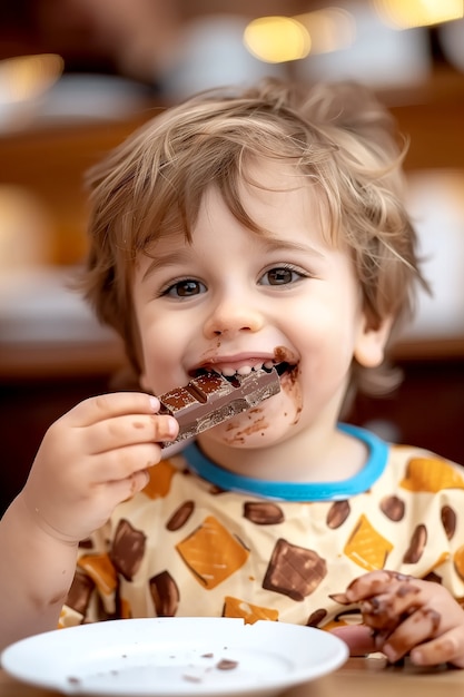 Free photo portrait of happy child eating delicious chocolate